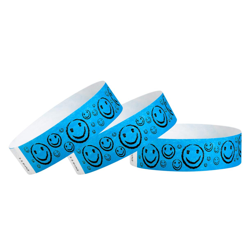 200 WristCo Neon Blue Smiley Face Tyvek Wristbands for Events -   x 10  - Waterproof Recyclable Comfortable Tear Resistant Paper Bracelets Wrist Bands-image-OPC-PGGBWR5-NEW