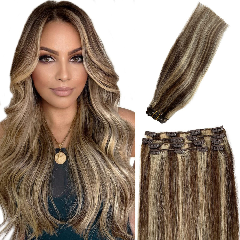 Licoville Unisex Brown Clip In Hair Extensions Real Human Hair 15 Inch 7Pc Human Hair Extension And Blonde Highlights Double Weft Clip In Extensions Soft Remy Hair Br