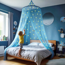 Blue Canopy for Girls Bed with Pre-Glued Glow in The Dark Stars - Princess Mosquito Net Room Decor - Kids & Baby Bedroom Tent with Galaxy Lights - 1 O