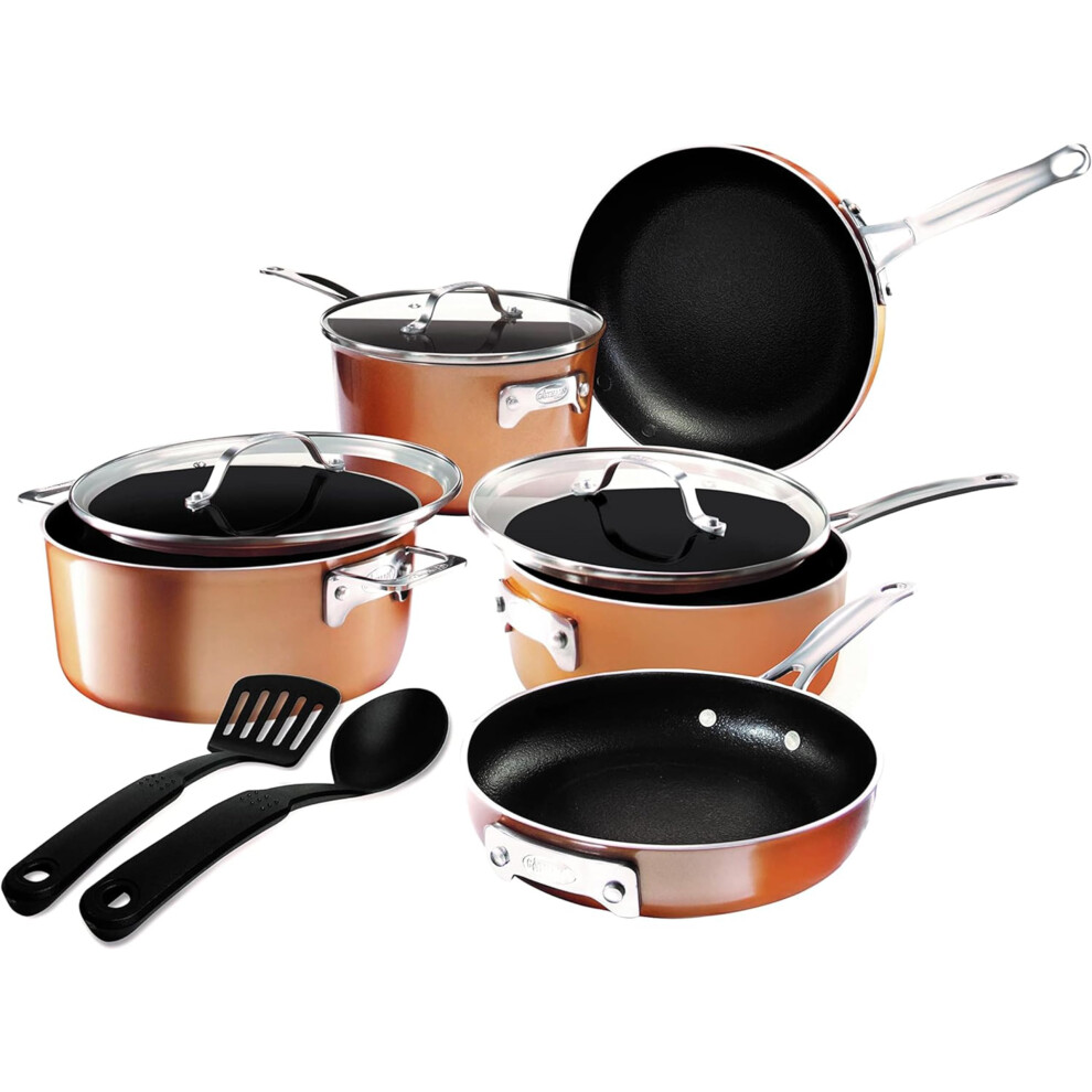 GOTHAM STEEL 10 Pc Copper Pots and Pans Set Non Stick Kitchen Cookware Sets Space Saving Non Stick Pots and Pan Set Nonstick Cookware Set Non