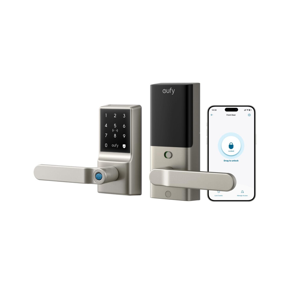 eufy Smart Lever Lock C33  Keyless Fingerprint Door Lock with Handle  Integrated Wi-Fi  Remote Control via App  Biometric Entry Knob  Auto-Locking  IP