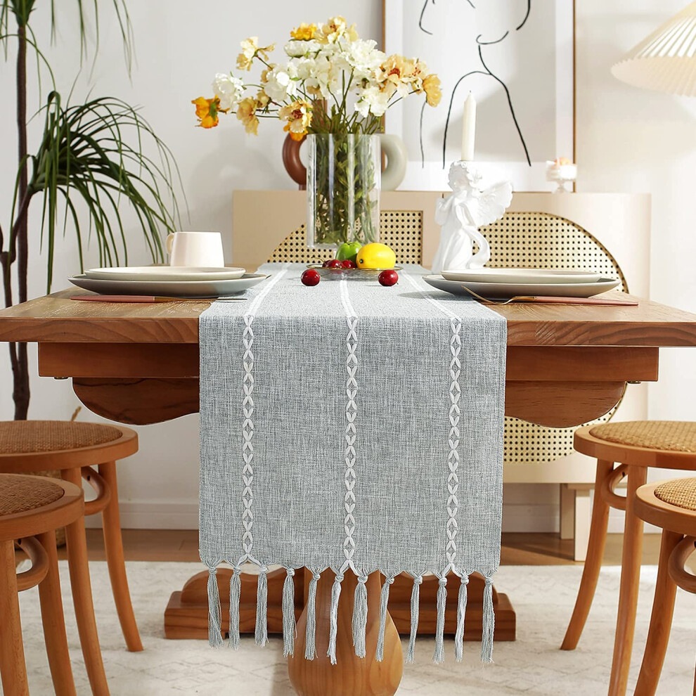 Chassic Rustic Farmhouse Style Linen Table Runner  Boho Handmade Tassel Embroidery Table Runners 108 Inches Long for Holiday Party  Dresser and Dining-image-OPC-PFPSY2F-NEW