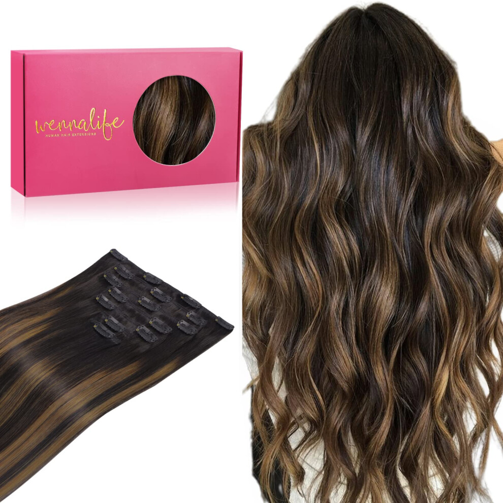 Wennalife Unisex Black,Brown Clip In Human Hair Extensions 16 Inch 120G 7Pcs Natural Black To Chestnut Brown Balayage Hair Extensions Clip In Human Hair Remy Clip In Ha
