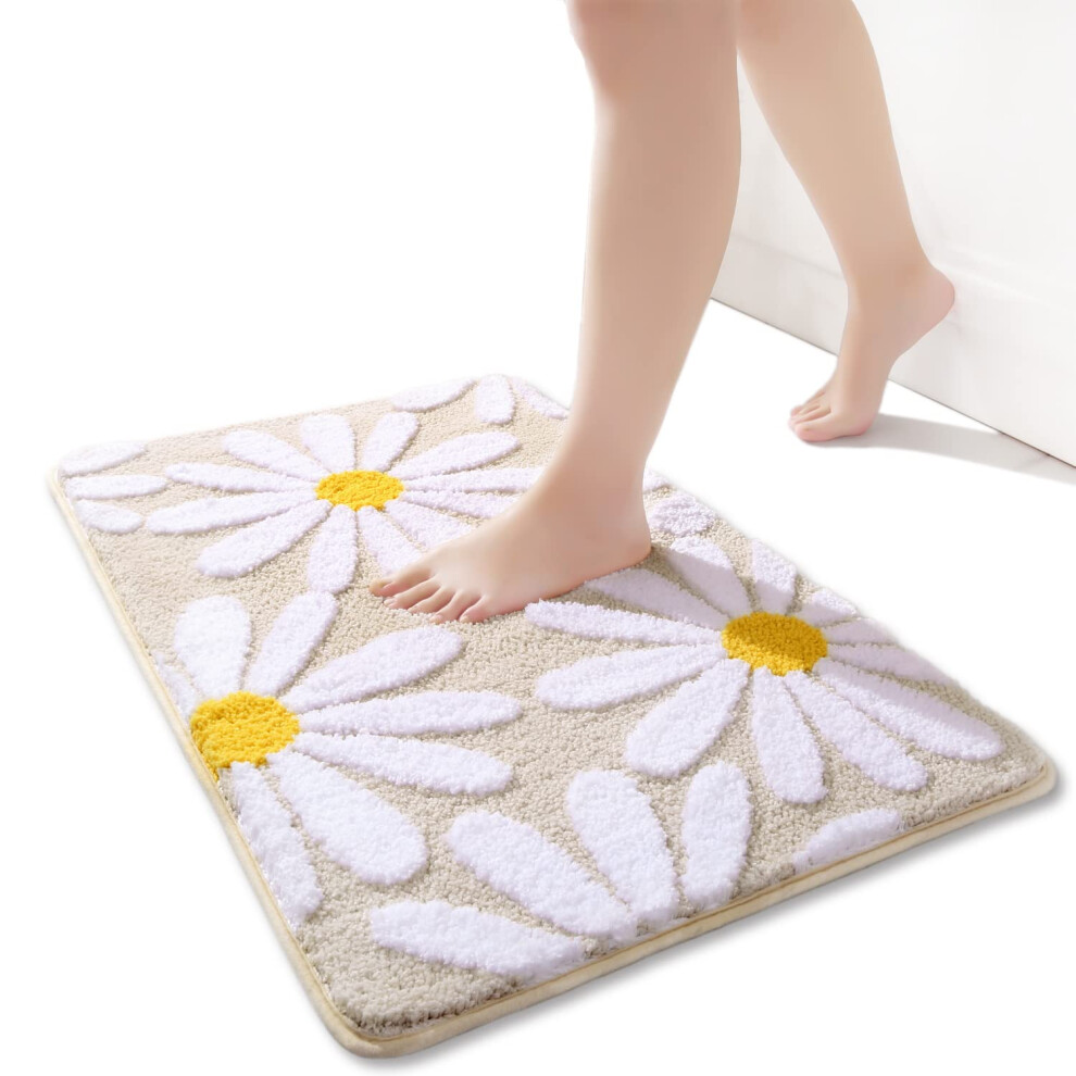 Tapis de salle de bain beige, joli tapis de bain     motif de marguerites blanches et jaunes, tapis de sol antid   rapant en microfibre, tapis de bai