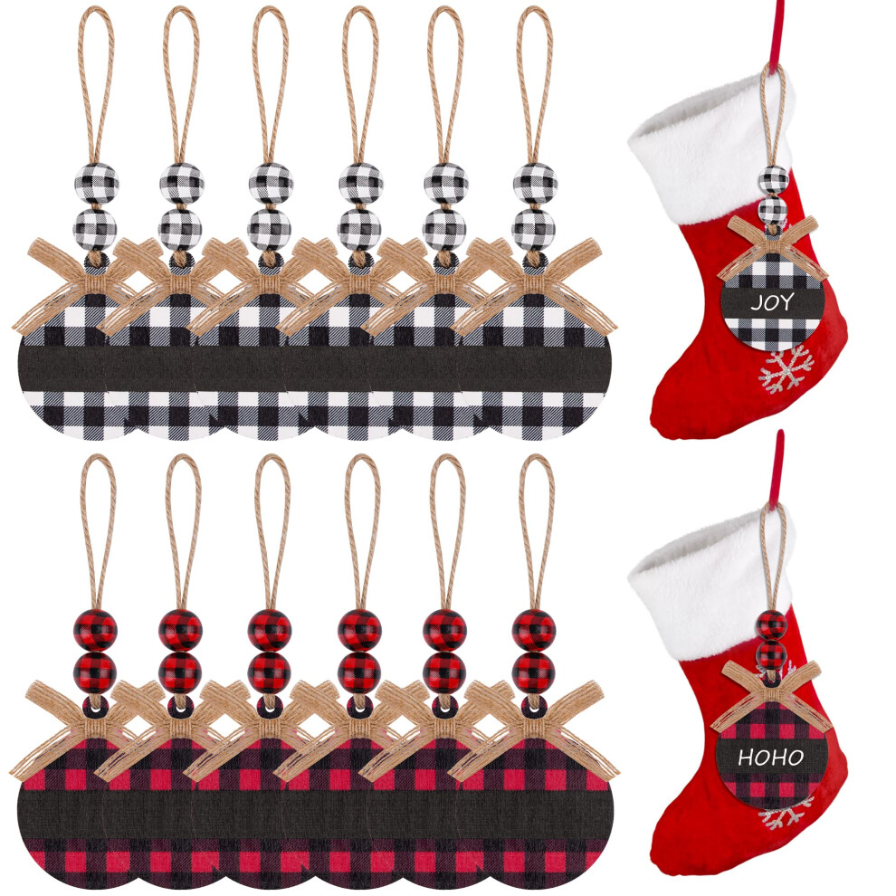 Bylion 12 Stuck Weihnachtsstrumpf-Namensschilder, Weihnachtsdekorationen Fur Den Baum, Buffalo Plaid, Hangendes Holzornament, Rustikale Weihnacht-image
