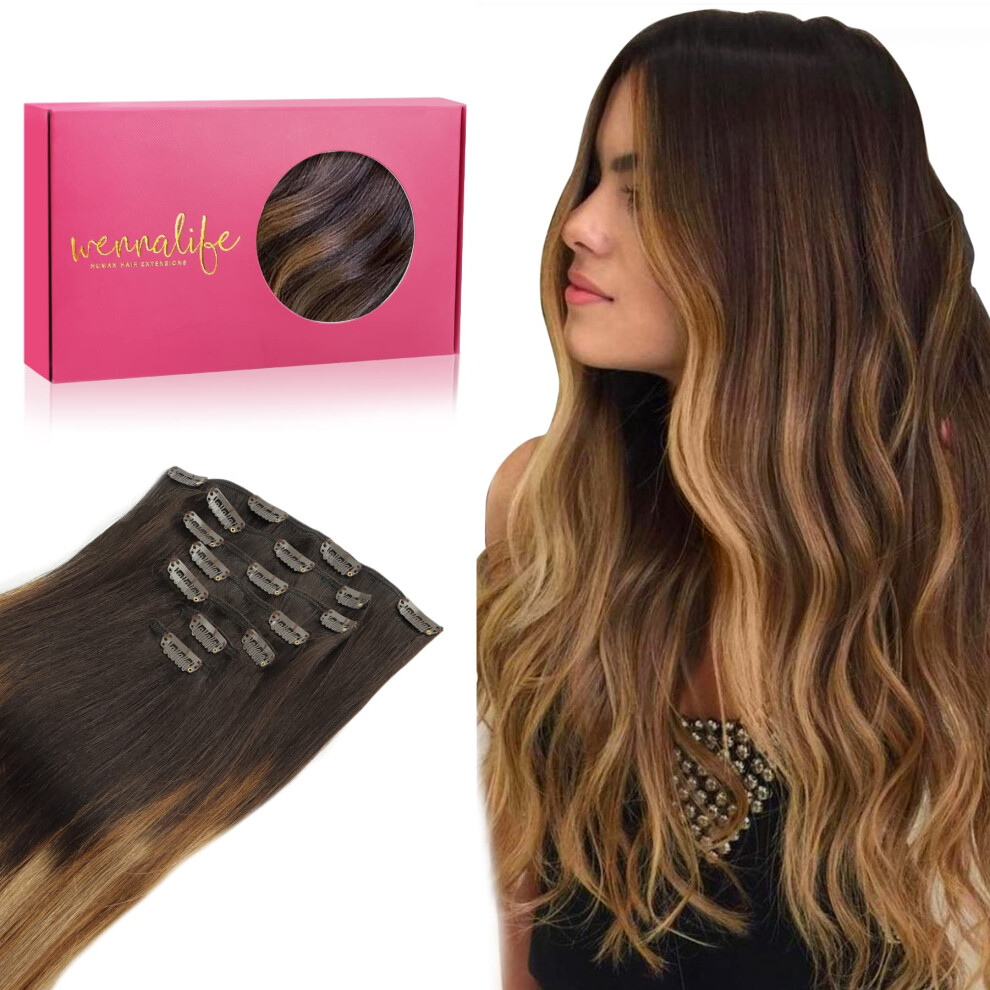 Wennalife Unisex Brown Clip In Human Hair Extensions 16 Inch 120G 7Pcs Dark To Chestnut And Dirty Blonde Highlighted Clip In Human Hair Remy Clip In H
