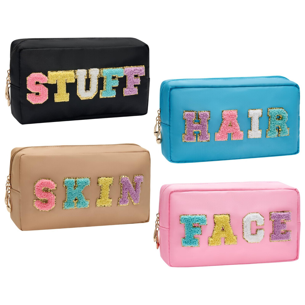 Burskit 4Pcs Makeup Bag Stoney Clover Preppy Patch Varsity Letter Makeup Nylon Cosmetic Bag Sewn With Skin Hair Face Stuff Chenille Letter Toiletry Bag Portab