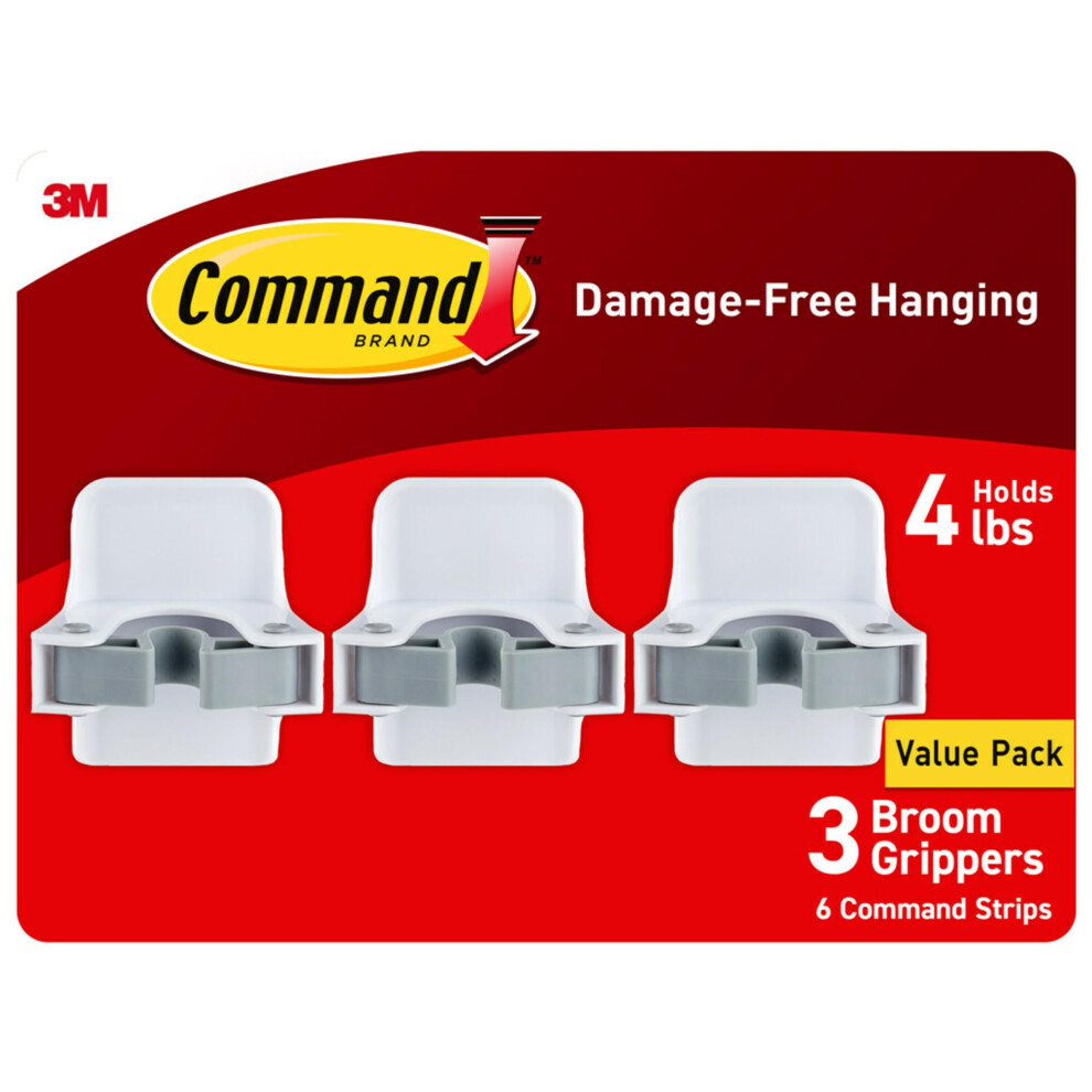 Command Broom and Mop Grippers  3 Hangers and 6 Command Strips  Damage Free Hanging Wall Mount Broom and Mop Holder  Household Cleaning Organizer for