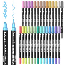 28 Metallic Colors Dual Tip Acrylic Paint Markers Brush Tip and Dot Tip Acrylic Paint Pens for Rock Painting Ceramic Wood Canvas Plastic Glass