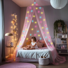 Baldacchino rosa per letto da bambina con unicorni fosforescenti preincollati - Zanzariera da principessa per cameretta - Tenda per cameretta per