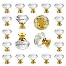 26 Pcs Clear Glass Cabinet Knobs 30 mm Crystal Drawer Pulls with Gold Base Diamond Shape Dresser Knobs for Cabinets Dressers Drawers Cupboards Wa