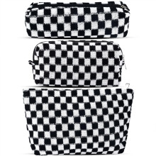 ZLFSRQ 3Pcs Checkered Makeup Bag for Women Large Cosmetic Bag Set Travel Toiletry Bag Makeup Pouch Bag for Purse Black Zipper Storage Bag Organizer Cu