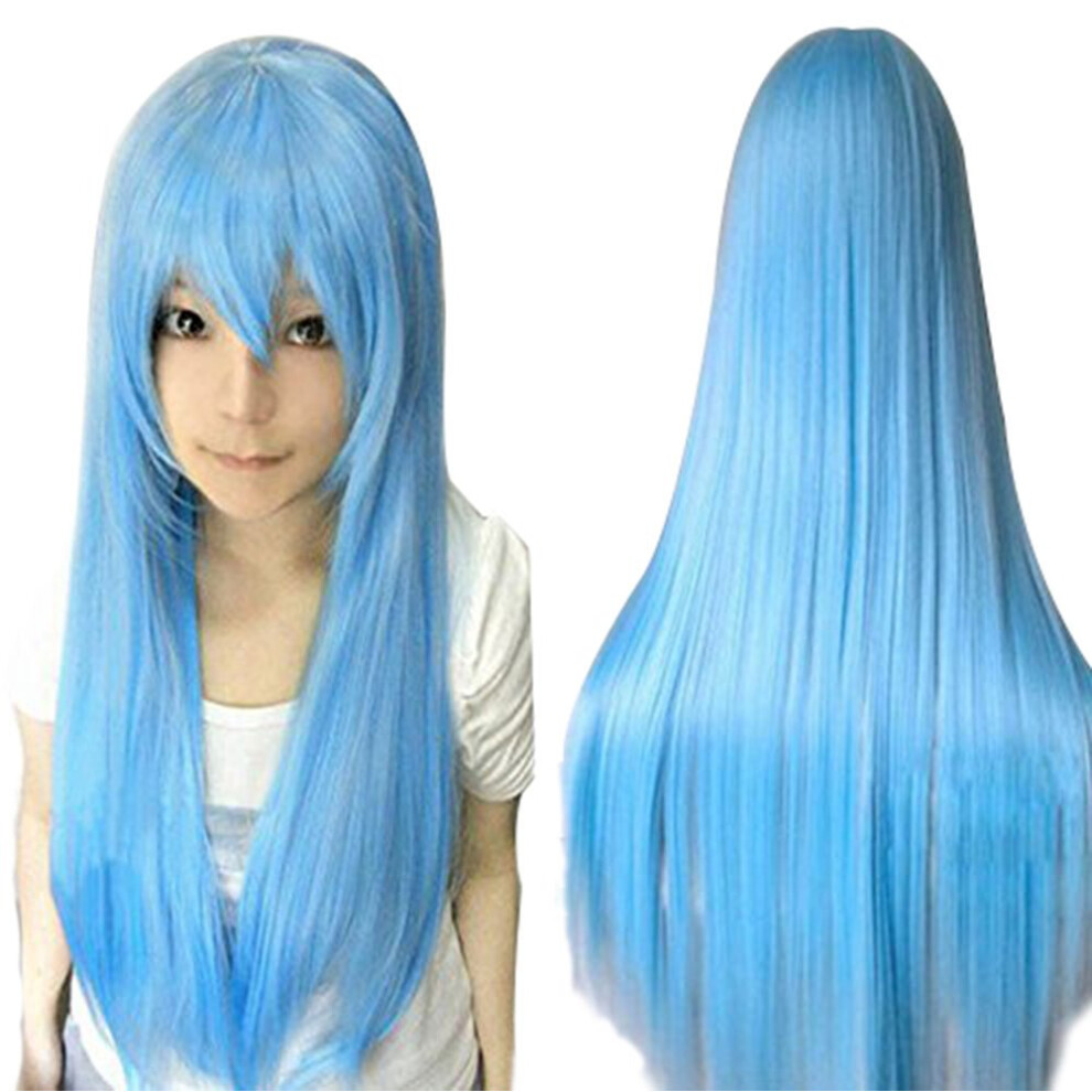 Anogol Hair Cap+32Inch/80Cm Sky Blue Wig For Women Long Light Blue Wig With Bangs Peluca Larga Azul Cielo Colored Wigs For Anime Cosplay Women Hallowe