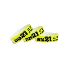 Pulseras Tyvek amarillas ne   n para eventos de Wristco Over 21 - 500 unidades AA x 10A - Pulseras de papel impermeables, reciclables, c   modas y re