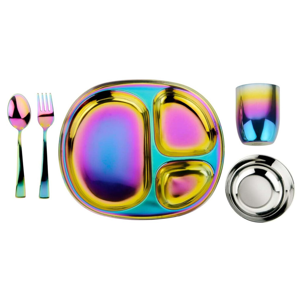 Kids And Toddler Plate And Bowl Set | Pediatrician Designed - Mindful Mealtime 5 Piece Stainless Steel Dish Set | Includes Divided Plate Utens Ahimsa