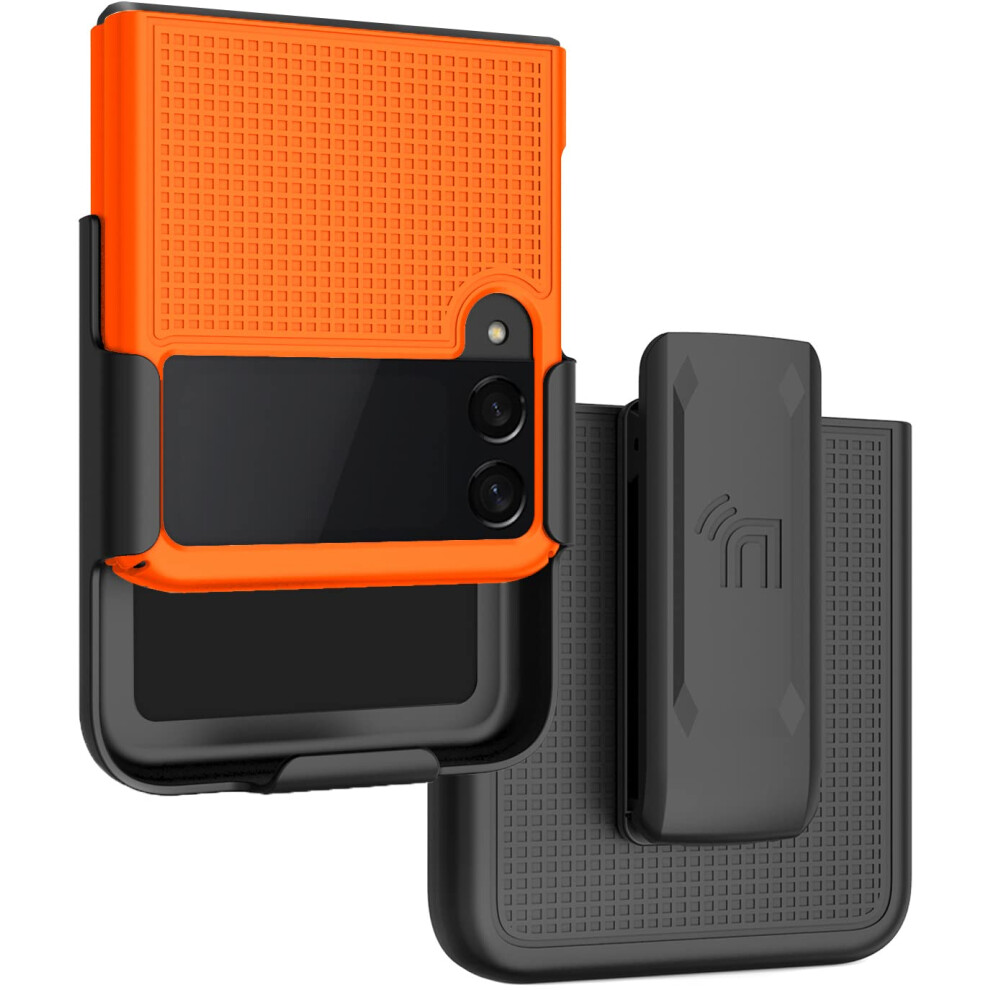 Nakedcellphone Case With Clip For Galaxy Z Flip 3 5G [Grid Texture] Slim Hard Shell Cover And [Rotating/Ratchet] Belt Hip Holster Combo For Samsung Z