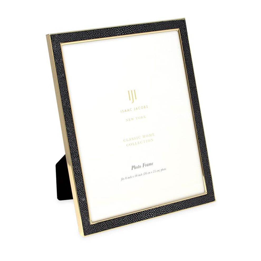 Isaac Jacobs 8x10 Black Leather with Gold Metal (Vertical & Horizontal) Picture Frame  Shagreen Border w/Black Fabric Easel  Wall-Mountable  Made For
