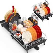 TOOLF Expandable Dish Rack Dish Drying Rack for Kitchen Counter Foldable Dish Dryer Rack Stainless Steel Dish Drainer Racks with Cutlery Holde