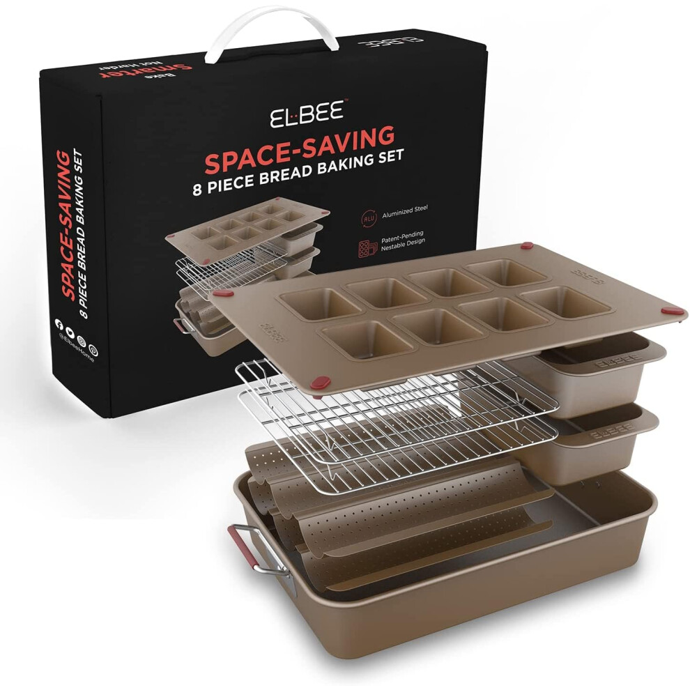 Elbee Home 8-Piece Nonstick Space Saving Bread Baking Pan Set - Includes 1 x Large Roasting Pan 2 x Bread Loaf Pan 2 x Baguette Pan 2 x Cooling Rack &