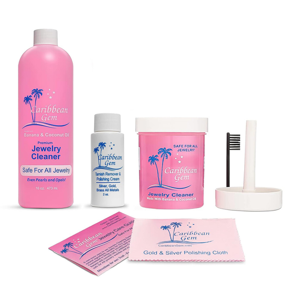 Caribbean Gem Jewelry Cleaner 16oz & 8oz  Basket  Brush  Polishing Cream & Polishing Cloth - Jewelry Cleaning Kit for All Gold  Silver  Diamonds  Ring