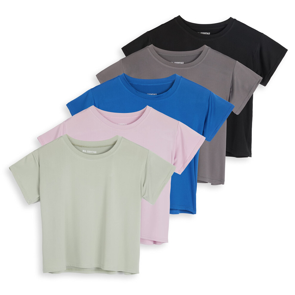 5 Pack: Womens Crop Top High Waist Quick Dry Fit Active Wear Yoga Workout Athletic Clothes Running Gym Exercise Ladies Short Sleeve Crew Scoop Neck Mo
