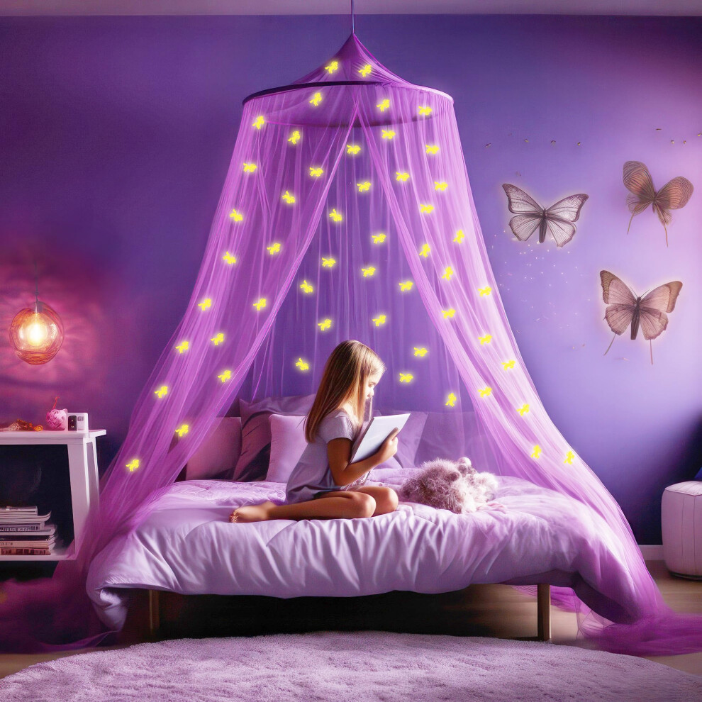 Ub-Store Girls Purple/Dark Canopy For Bed With Pre-Glued Glow In The Unicorns - Princess Mosquito Net Room Decor - Kids & Baby Bedroom Tent With Galaxy Lights
