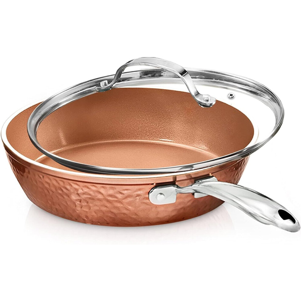 GOTHAM STEEL Hammered Copper 12 Inch Non Stick Frying Pans with Lid Frying Pans Nonstick with Lid Non Toxic Ceramic Pan for Cooking Nonstick Frying