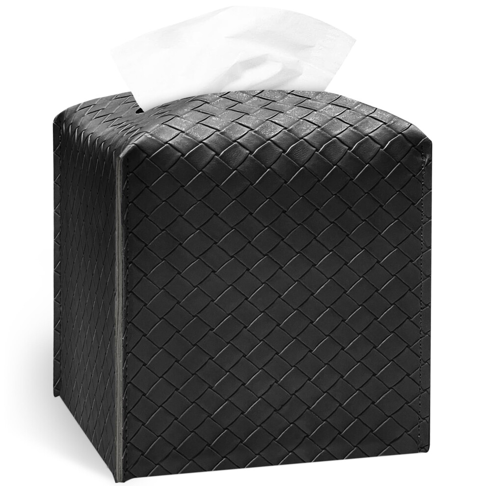 Porta Fazzoletti In Pelle Pu Con Motivo Intrecciato, Porta Fazzoletti Quadrato Con Cintura Inferiore, Organizer Moderno Per Bagno, Auto, Ufficio,-image