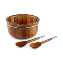 nambe punottu py re puinen salaattikulho, 3-osainen setti | 28 cm:n salaattikulho tarjoiluv lineill | Akasiapuusta ja kromilevyst valmistetut