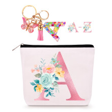 Lingdeer Personalized Makeup Bag with Initial Keychain Custom Initial Monogram Small Travel Cosmetic Toiletry Bag Birthday Gifts for Women Girl Brid