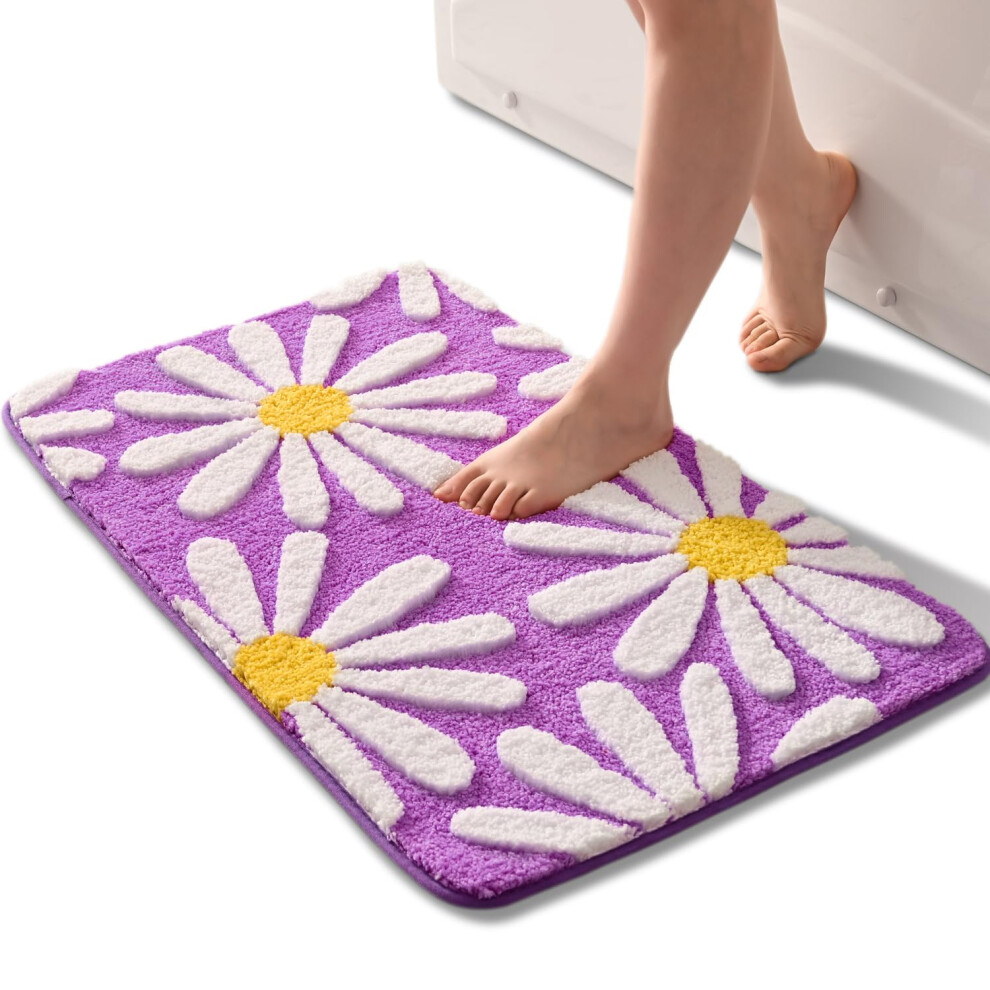 Pueple Bathroom Rugs Cute Daisy Bath Mat White and Yellow Flower Decor Rug Non Slip Floor Carpet Microfiber Bathmat Super Absorbent Machine Washable B-image-OPC-PFQGD75-NEW
