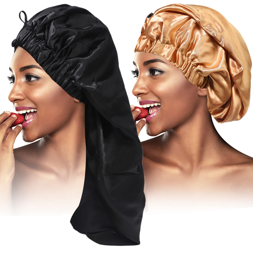 Lot De 2 Bonnets Tress S En Satin, Pliables, Extra Longs, Avec Bouton, Pour Tresses, Bonnet De Nuit Simple Couche, Doux, Pour Femmes Noires, Gran-image
