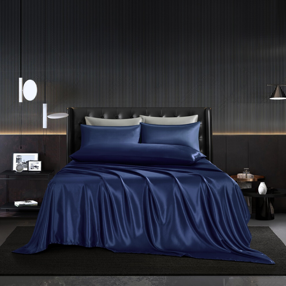 HommxJF Lot de 5 draps en soie bleu marine King Size en satin avec 1 drap plat en satin et 1 drap-housse     poche profonde