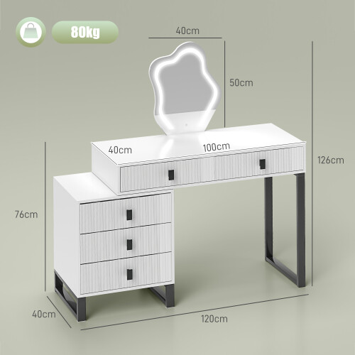 Homcom HOMCOM Dressing Table with LED Leaf Shape Mirror and 5 Drawers, White 2