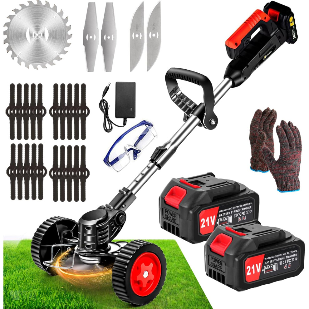 Cordless Strimmer 21v Garden Strimmer with 2 4.0Ah Batteries Grass Trimmers with 25 Blades Electric Strimmer Detachable Battery Strimmer Height