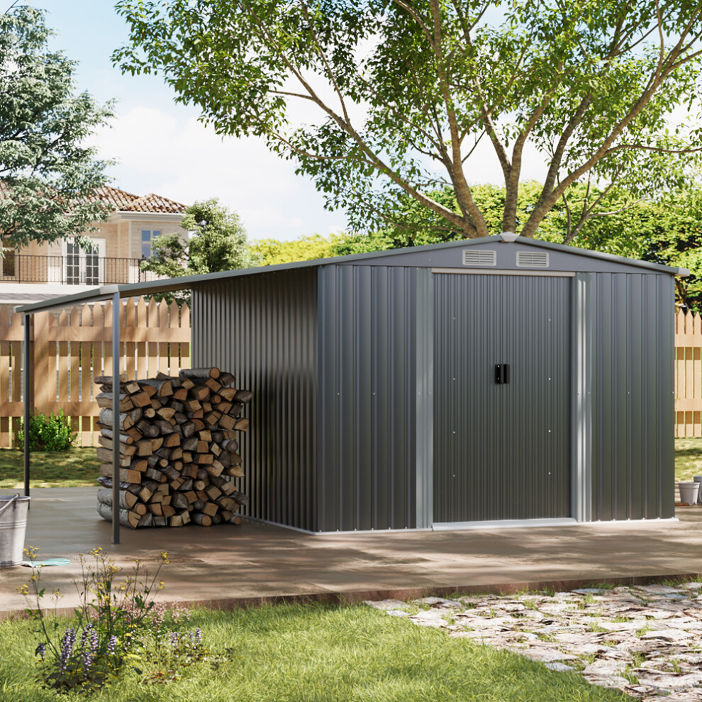 8x8ft Metal Garden Storage Shed Apex Roof Double Door with Sun Shade