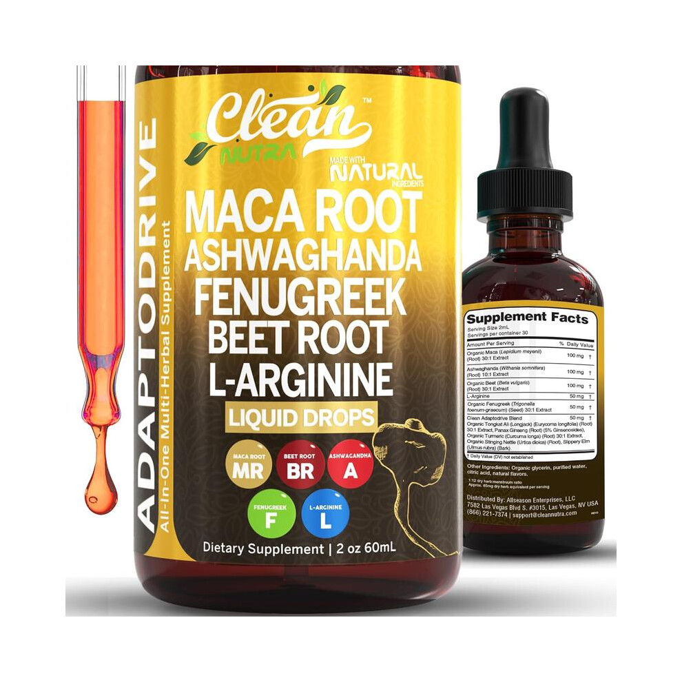 Organic Maca Root Liquid Drops with Ashwagandha, Fenugreek, Beet Root and L-Arginine Liquid Multivitamin for Women and Men - Adapto Drive Supplement
