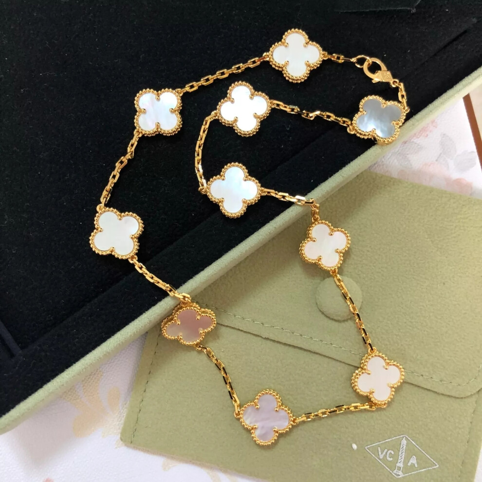 Authentic Van Cleef & Arpels 18K gold white mother-of-pearl 10-flower necklace f