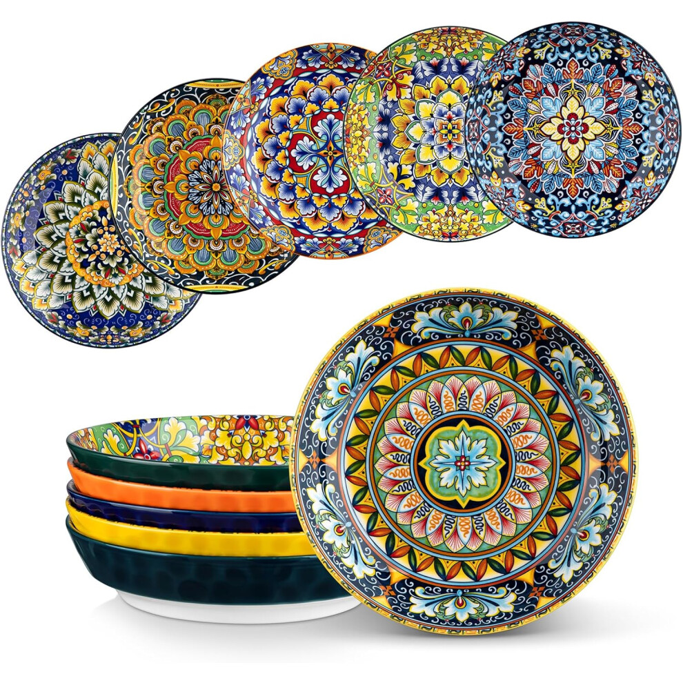 (Pasta Bowl) Pasta Bowls, 32 oz Ceramic Salad Bowls Set of 6, Large Corlorful Serving Bowls for Kitchen, Dishwasher & Microwave Safe Soup Bowls Set, Pasta Plates
