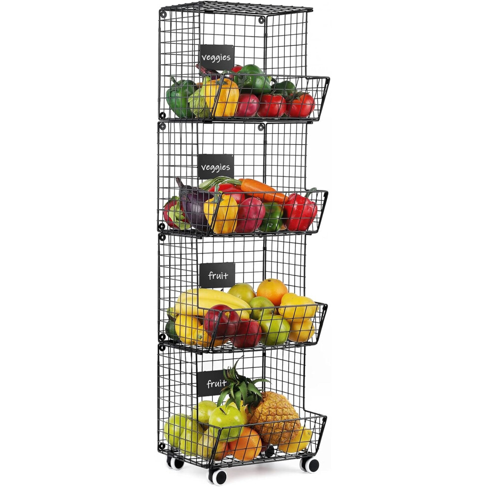 4 Tier Vegetable Storage Rack Fruit Vegetable Stand with Lockable Casters Stackable Fruit Basket Metal Wire Basket Storage Organizer Carts for Kitchen