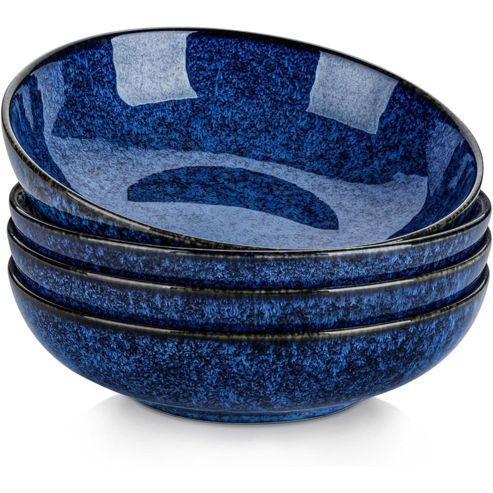 (4 Pieces, Blue) Stern 38 oz Ceramic Pasta Bowl Set of 4, Large Salad Bowls for Serving, Microwave Oven Safe Soup Bowls for Kitchen, Blue Stoneware Bowl Set