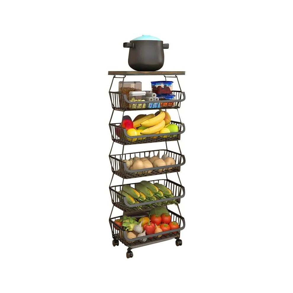(6 Tiers) Metal Wire Baskets with Wheels, Kitchen Organiser, 6 Tier Stackable Storage Containers, Fruit and Vegetable Trolley