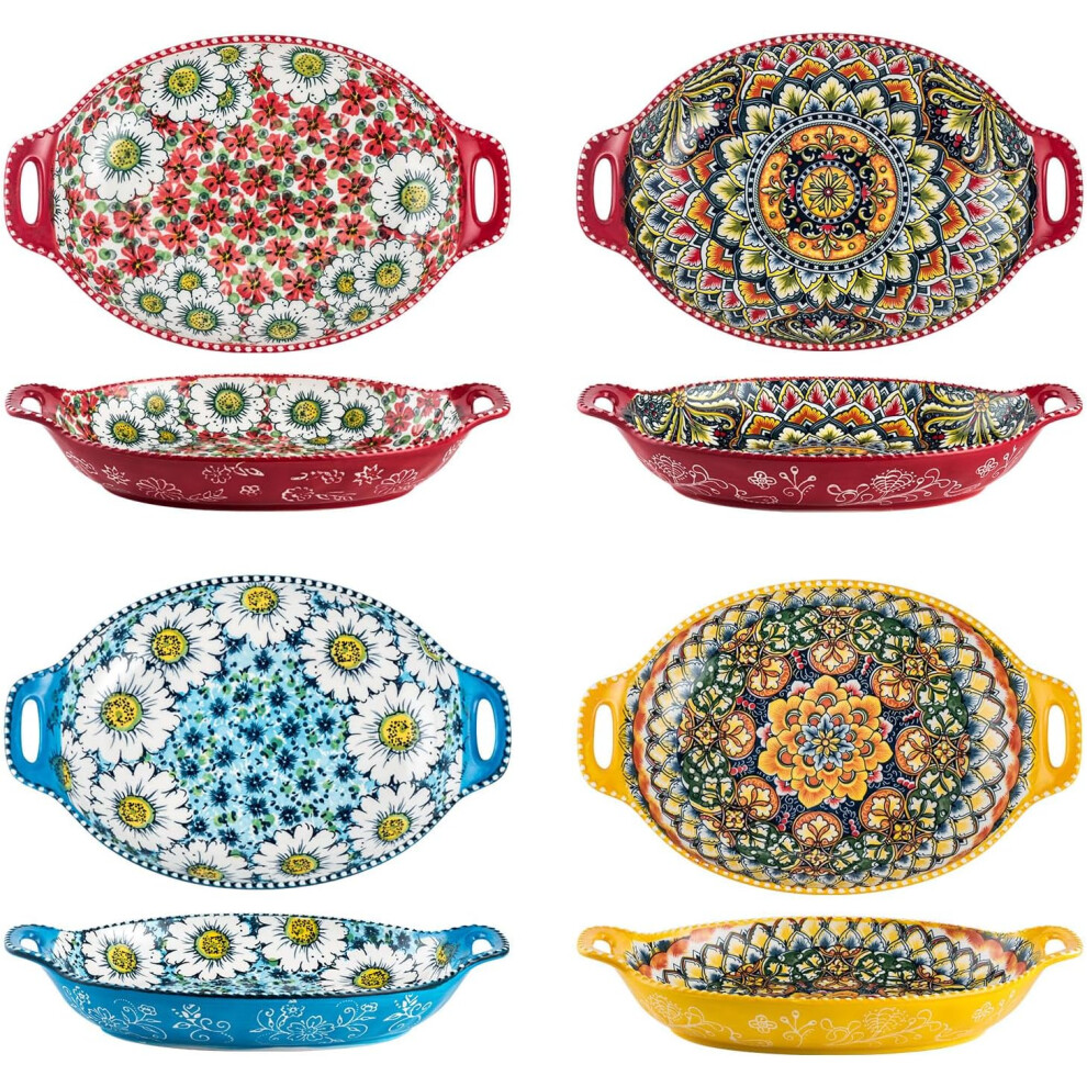 (Large Bowl Set) Salad Bowl Set of 4, Porcelain Large Pasta Bowl/Fruit Bowls with Handles - 32 OZ, Vibrant Colour Large Bohemian Bowls Serving