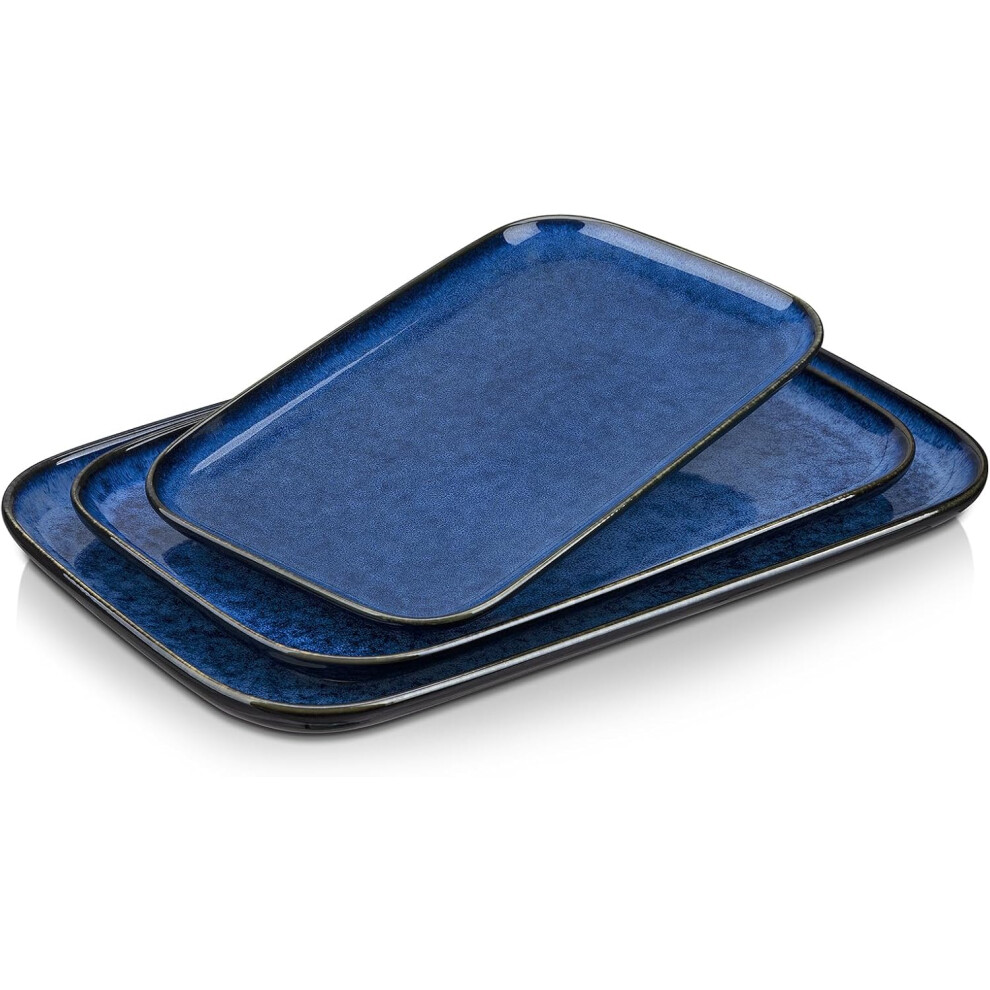 (Set of 3, Blue) Stern Serving Platter & Tray Set, 3-Piece Ceramic Serving Plates for Parties, 15.1/13.1/11 Inch Easy