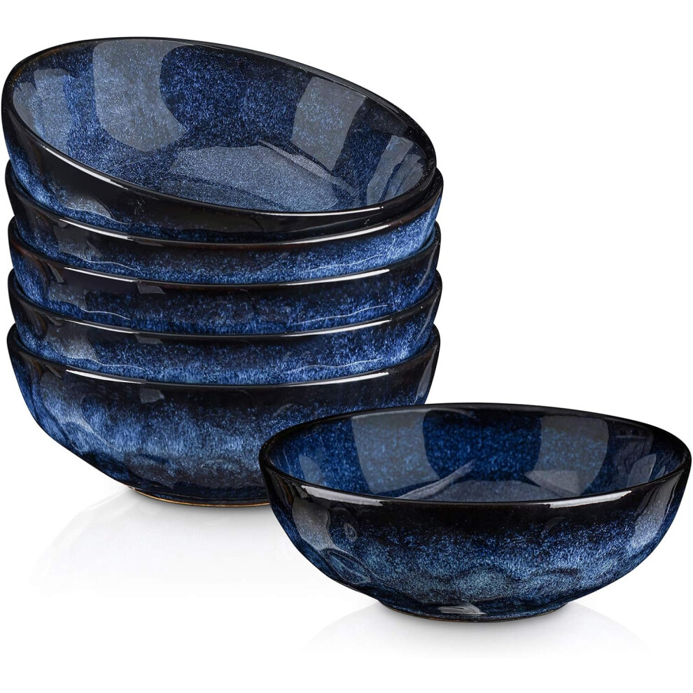 (Starry Blue) Rice Dessert Cereal Bowls 6 Piece Stoneware Vintage Look Ceramic Starry Blue Large Serving Bowl, Soup/Mixing/Fruit/Noodle/Ramen China Bowl,
