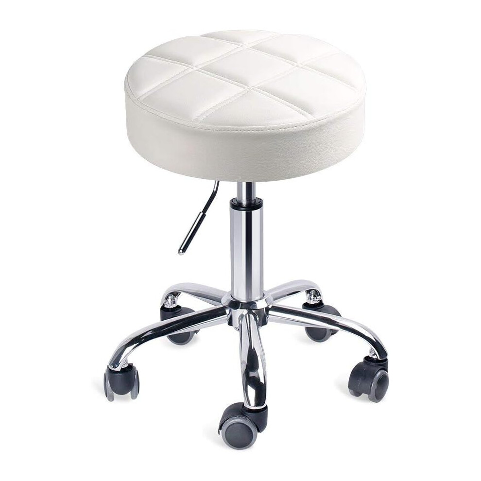 (Φ14", White) Swivel beauty Stool Round Rolling Stools Adjustable Work Stool with 5 Wheels (White/seat cushion Φ14)