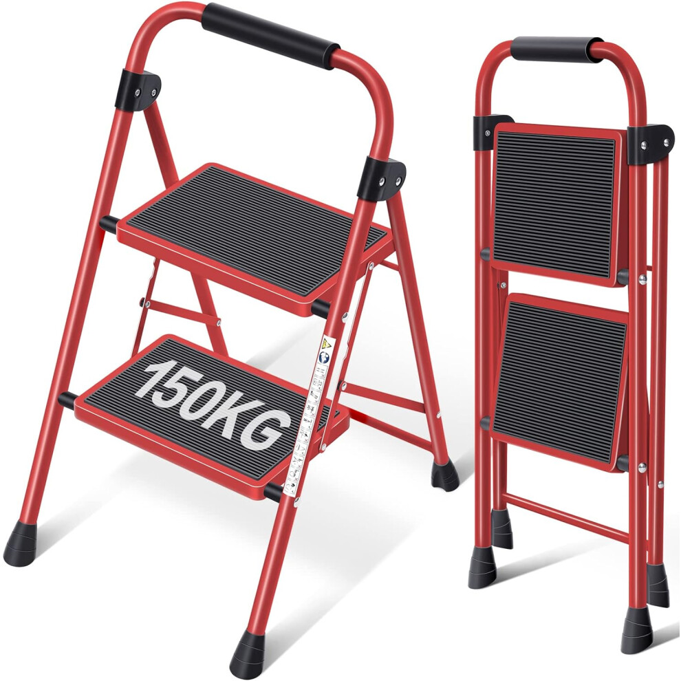 (2 Steps with handrail, Red) 2 Step Ladder, Folding Ladder with Non-Slip and Wide Pedal, Small Ladder with Handle, Sturdy Steel Ladder, Lightweight and Portable Step Ladder, Red
