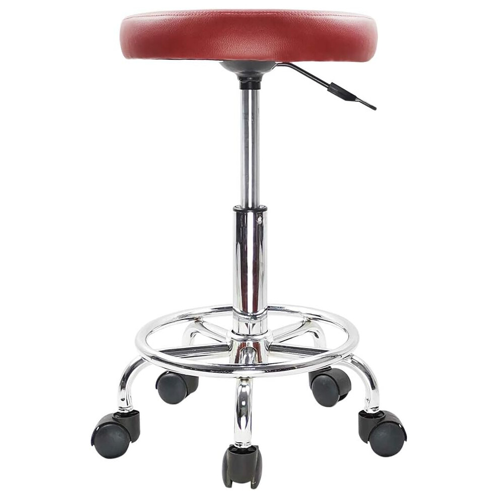 (Red) Leather Round Rolling Stool with Foot Rest Swivel Height Adjustment Spa Drafting Salon Tattoo Work Office Massage Stools Task Chair (Red)