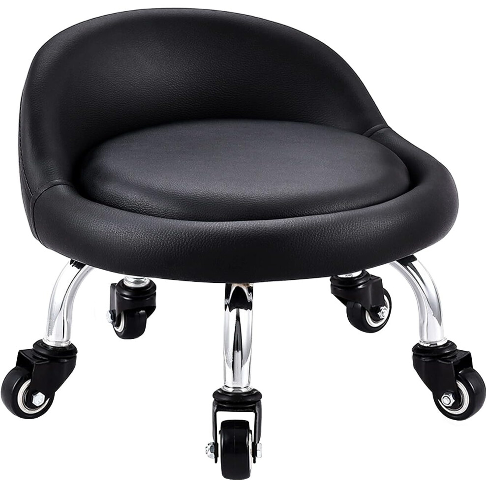 (Black) Low Roller Seat Wheel Stool Chair Leather Cushion Roller Seats with Back Rest Small 360 Rotating Rolling Stool