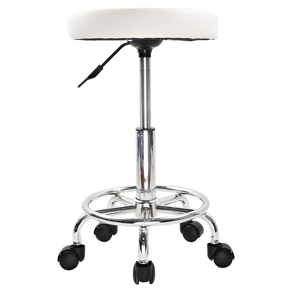 (White) Leather Round Rolling Stool with Foot Rest Swivel Height Adjustment Spa Drafting Salon Tattoo Work Office Massage Stools Task Chair (White)